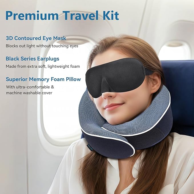 Proglobe Orthopedic Neck Pillow Travel Neck Pillows for Airplanes, Memory Foam Kit, Updated Resting Material, Airplane Travel Set with 3D Contoured Eye Masks, Earplugs, and Luxury Mesh Bag (Blue)