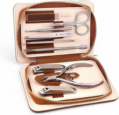 9 in 1 Professional Manicure Pedicure Set - Stainless Steel Nail Clippers, Nano File, Cuticle Nipper, Scissors, Tweezers, Travel PU Leather Case for Men & Women - Gift Ready Brown New