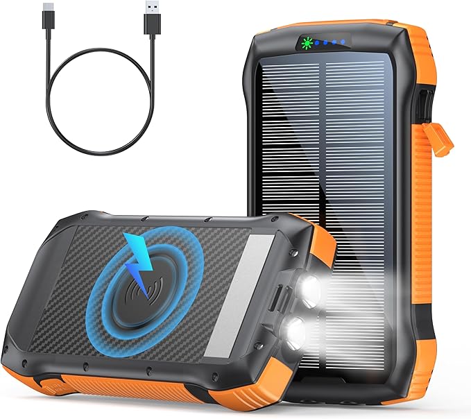 Solar Charger Power Bank, 40000mAh Wireless Portable Charger QC3.0 PD 20W Fast Charging with USB-C in/Output, External Battery Pack with Dual Flashlights Hiking Camping Essential