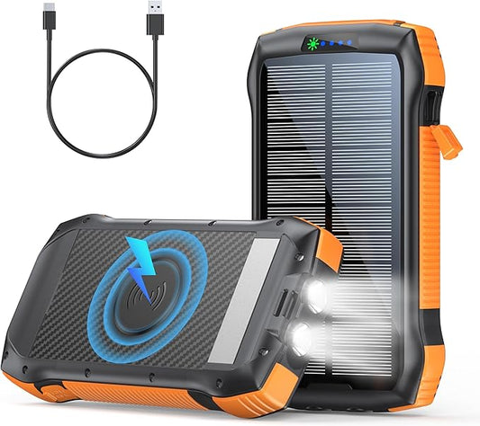 Solar Charger Power Bank, 40000mAh Wireless Portable Charger QC3.0 PD 20W Fast Charging with USB-C in/Output, External Battery Pack with Dual Flashlights Hiking Camping Essential