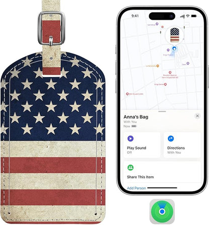 Luggage Tags Built-in Anti-Loss Tracker, Luxury Leather Luggage Tags for Suitcase, Travel Bags, Backpacks, Travel Organizer for Lost Baggage Prevention (US Flag)
