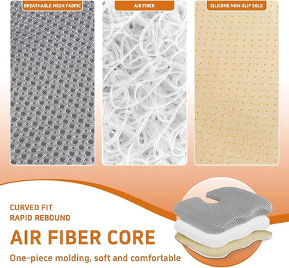 Gooo&Ma Ergonomic Seat Cushion with Air Fiber Core, Office Chair Cushion with Washable Cover & Non-Slip Base for Pressure Relief, Comfort for Long Sitting, Driving, Gaming (Gray)