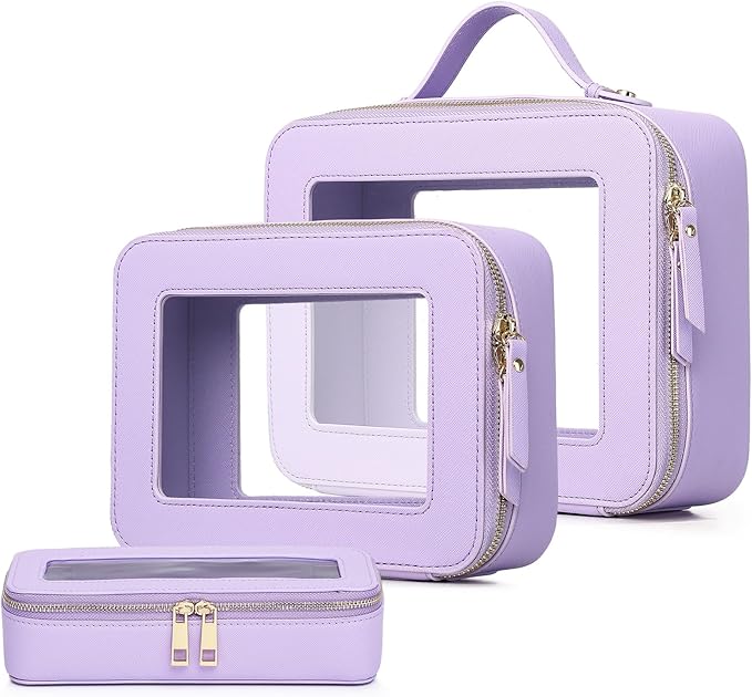 Pinkmik Clear Makeup Bag with Brush Bag 3pcs Waterproof Travel Case for Cosmetics and Toiletries Women's Makeup Organizer with Zipper (X/Purple, L+M+SLIM)