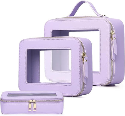 Pinkmik Clear Makeup Bag with Brush Bag 3pcs Waterproof Travel Case for Cosmetics and Toiletries Women's Makeup Organizer with Zipper (X/Purple, L+M+SLIM)