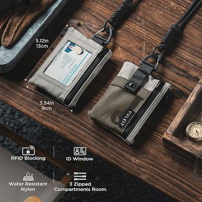 VULKIT Small RFID Wallet for Women & Men – Minimalist Zipper Wallet with ID Window, Keychain & Carabiner, Holds 15 Cards, Water Resistant Travel Lanyard Wallet Olive Green