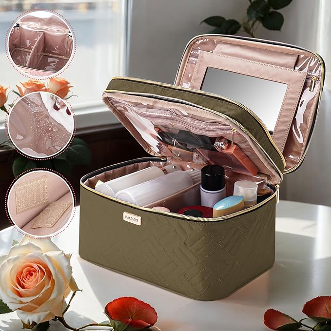 8.8L Double Layer Travel Makeup Bag With Mirror For Women, Large Cosmetic Case, Organizer for Travel-Size Accessories Bottles, Brushes,and Skin Care Products, 2.33 GAL, Brown…