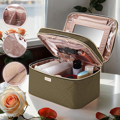 8.8L Double Layer Travel Makeup Bag With Mirror For Women, Large Cosmetic Case, Organizer for Travel-Size Accessories Bottles, Brushes,and Skin Care Products, 2.33 GAL, Brown…