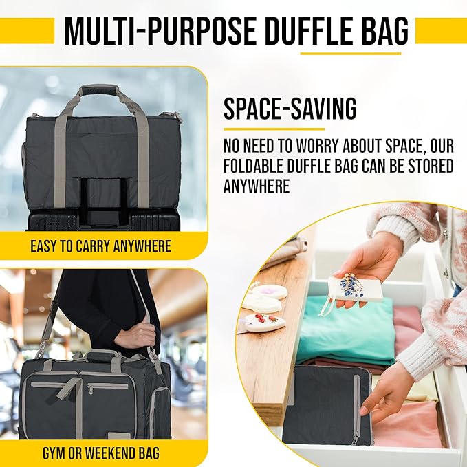 LEGEND 40L Foldable Duffle Bag for Travel - Packable Duffle Bags w/Shoe Compartment - Tear Resistant Collapsible Duffel Bags for Traveling - Lightweight Folding Duffel Bag for Men & Women -Dark Gray