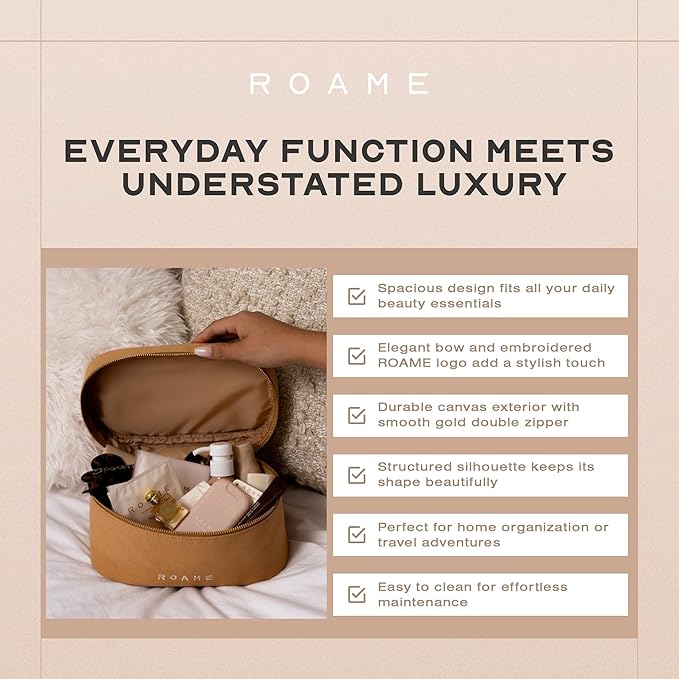 Roame Everyday Vanity Bag – Elegant Canvas Cosmetic Travel Bag with Zipper, Spacious Toiletry Organizer & Makeup Pouch for Women – Stylish Daily Companion for Life at Home or On-the-Go