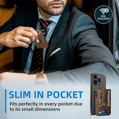 Airtag Wallet for Men,with Money Clip Gift Boxed,Slim Front Pocket Wallet RFID Blocking Metal Case Smart Pop-up Credit Card Holder in Magnetic Leather Flip