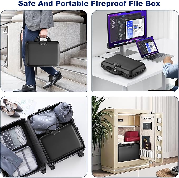 Fireproof Document Box, Hard Case Fireproof File Organizer Box with Lock and 13 Pocket Accordion File Folder, Portable Safe Box for Home Office Travel to Storage Important Documents Laptop Green