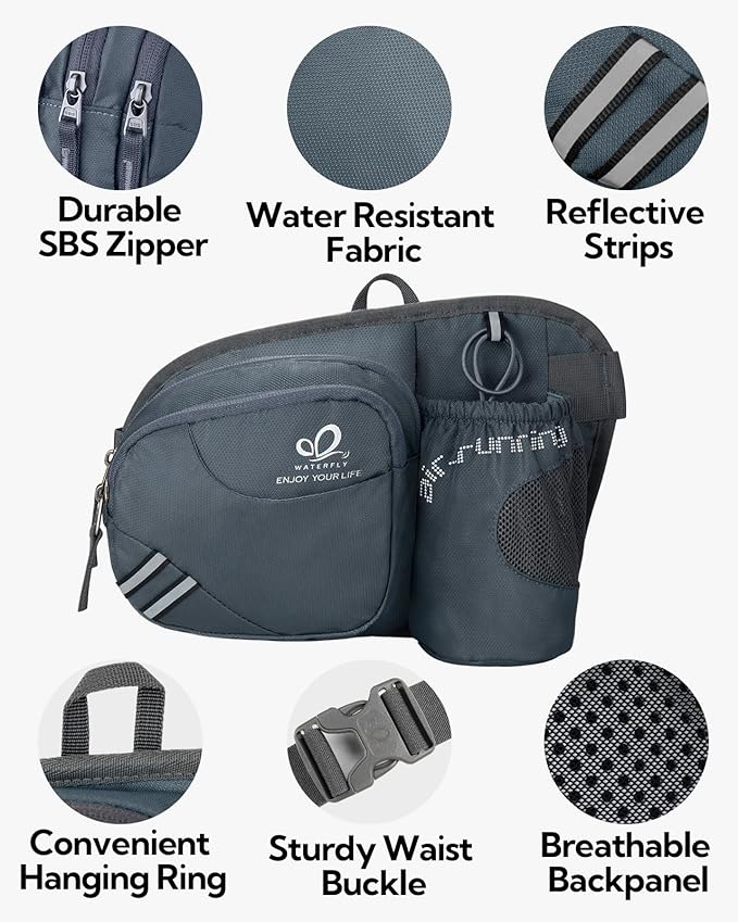 WATERFLY Fanny Pack Waist Bag: Waist Pack for Women Men with Water Bottle Holder Hiking Fanny Pack for Running Walking DogWalking Travel Cycling
