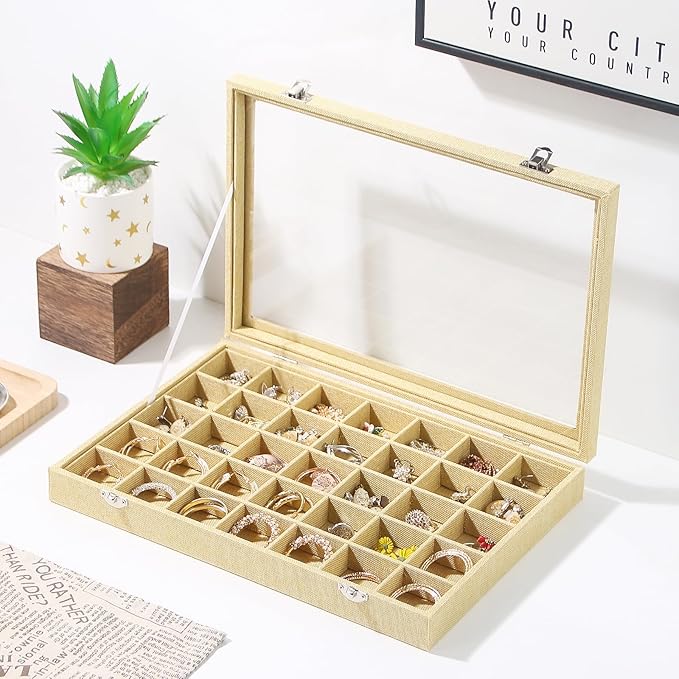 Coward Ring Earring Jewelry Organizer Box, 35 Grids Dustproof Display Holder Case, Yellow Linen Velvet Jewelry Bead Display Tray Case with Transparent Glass Lid for Momen Girls