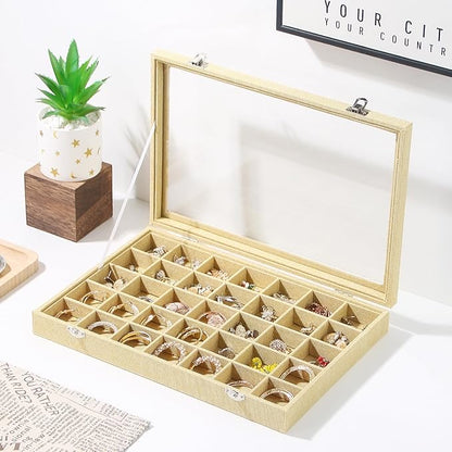 Coward Ring Earring Jewelry Organizer Box, 35 Grids Dustproof Display Holder Case, Yellow Linen Velvet Jewelry Bead Display Tray Case with Transparent Glass Lid for Momen Girls