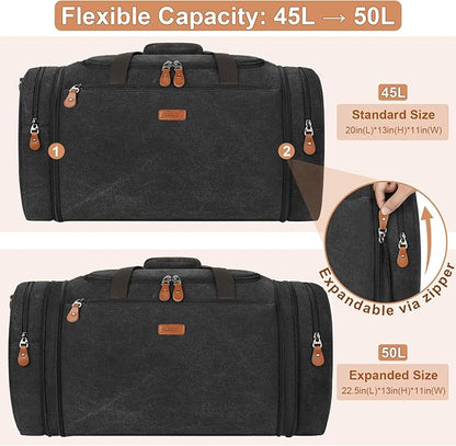 Canvas Mens Duffle Bag for Travel - Expandable 50L Weekender Bags with Toiletry Bag, Overnight Bag Travel Duffel Carry On Luggage with Removable Shoulder Strap, Durable & Water-Resistant