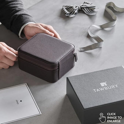 TAWBURY Watch Case - 4 Slot Genuine Top-Grain Leather Watch Box for Men & Women with Extra Wide Pillows for Large Watches - Portable Wristwatch Storage for Home & Travel (Brown)