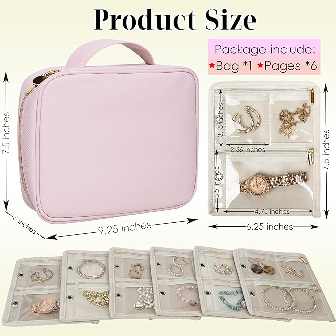 Travel Jewelry Organizer Case,Small Jewelry Bags Jewelry Storage Book Binder with Clear Zipper Velvet Pouch for Traveling,Earrings, Rings, Necklace, Bracelet (Pink)
