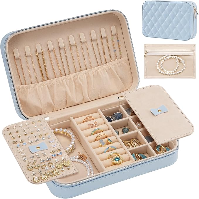 Lolalet Travel Jewelry Case for Women Girls, Travel Jewelry Organizer Box with Mirror & Clear Storage Bag, Small Portable Earring Necklace Bracelet Ring Case, Birthday Christmas Gifts -Medium, Blue