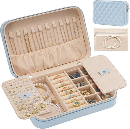 Lolalet Travel Jewelry Case for Women Girls, Travel Jewelry Organizer Box with Mirror & Clear Storage Bag, Small Portable Earring Necklace Bracelet Ring Case, Birthday Christmas Gifts -Medium, Blue