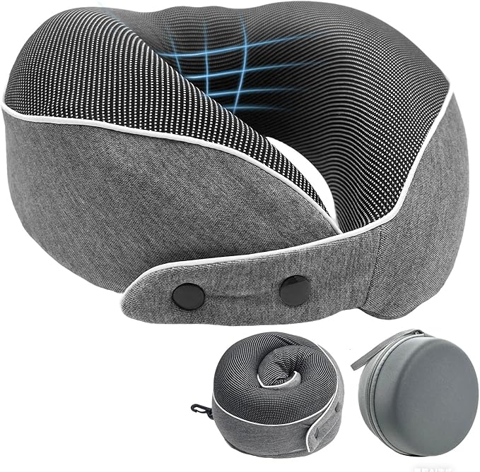 Memory Foam Travel Neck Pillow for Airplane, 360° Ergonomic Support Neck Pillow for Sleeping on Long Flights, Cars, Trains & Office, Compact & Portable with Storage Bag (Gray)