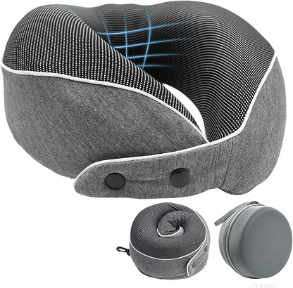 Memory Foam Travel Neck Pillow for Airplane, 360° Ergonomic Support Neck Pillow for Sleeping on Long Flights, Cars, Trains & Office, Compact & Portable with Storage Bag (Gray)