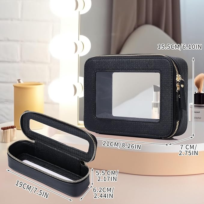 Pinkmik Travel Clear Makeup Bag with Brush Case TSA Approved Toiletry Bag Waterproof Cosmetic Organizer with Zipper Car Essential for Women (Black, M+SLIM)