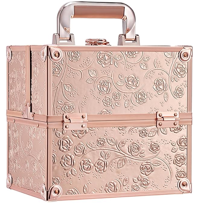 FRENESSA Makeup Train Case Cosmetic Box Portable Makeup Case Organizer 4 Trays Lock Travel Storage Organizer with Dividers Make Up Artist Vanity Hard Nail Spa Beauty Box Rose Gold Floral