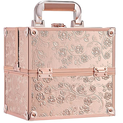 FRENESSA Makeup Train Case Cosmetic Box Portable Makeup Case Organizer 4 Trays Lock Travel Storage Organizer with Dividers Make Up Artist Vanity Hard Nail Spa Beauty Box Rose Gold Floral