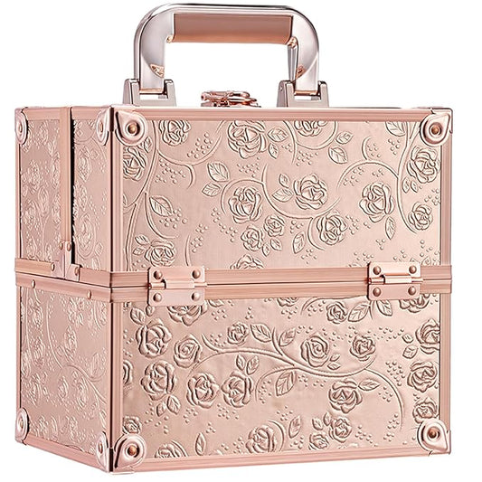 FRENESSA Makeup Train Case Cosmetic Box Portable Makeup Case Organizer 4 Trays Lock Travel Storage Organizer with Dividers Make Up Artist Vanity Hard Nail Spa Beauty Box Rose Gold Floral