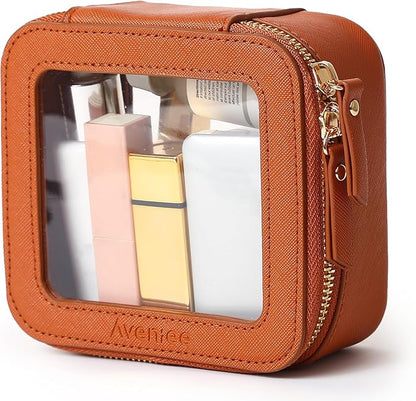 Aveniee Mini Clear Makeup Bag, Small Cosmetic Bags Travel Toiletry Pouch Organizer, TSA Approved Make up Case with Zipper, Car Bag for Essentials,Brown