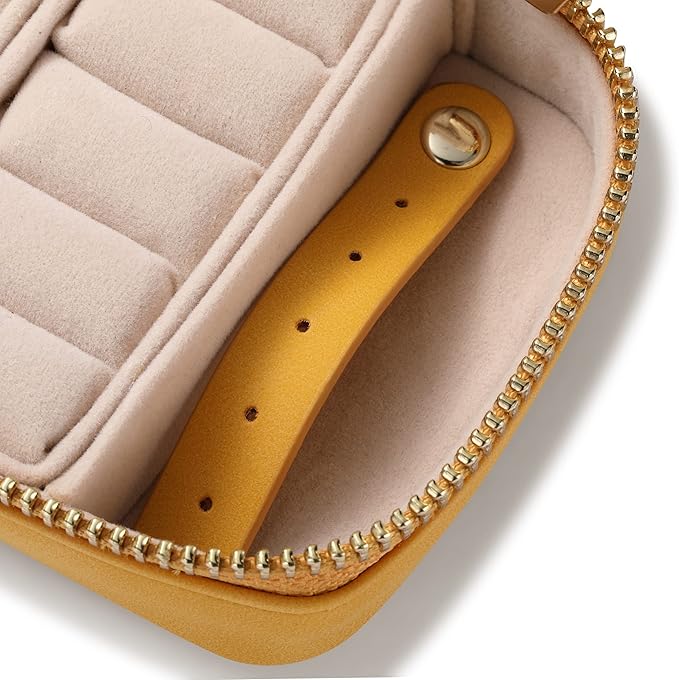 HISCOW Vegan Leather Travel Jewelry Case with Zipper - Portable Necklace & Earring Holder Organizer for Women Girls, Velvet-Lined Ring Box with Anti-Tarnish Design, Yellow
