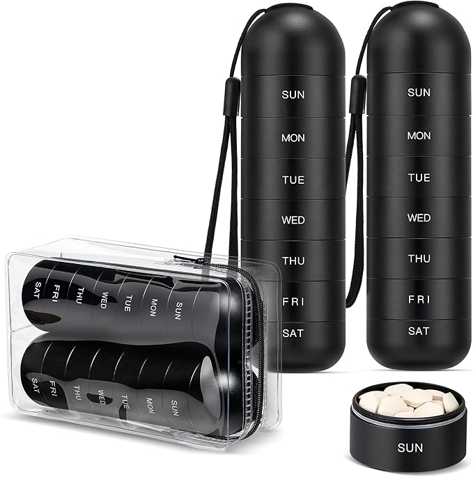 [2 Pack] Zannaki Metal Travel Pill Organizer, Portable Waterproof Weekly Pill Box, Large Aluminum Alloy Pill Case Container, BPA Free 7 Day Daily Medicine Organizer Holder for Vitamin, Supplement