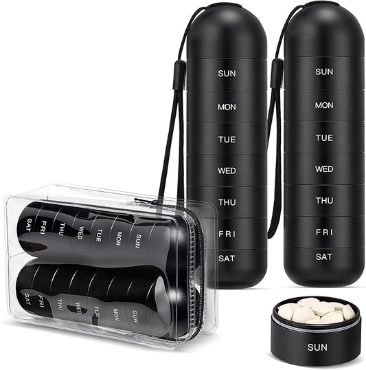 [2 Pack] Zannaki Metal Travel Pill Organizer, Portable Waterproof Weekly Pill Box, Large Aluminum Alloy Pill Case Container, BPA Free 7 Day Daily Medicine Organizer Holder for Vitamin, Supplement
