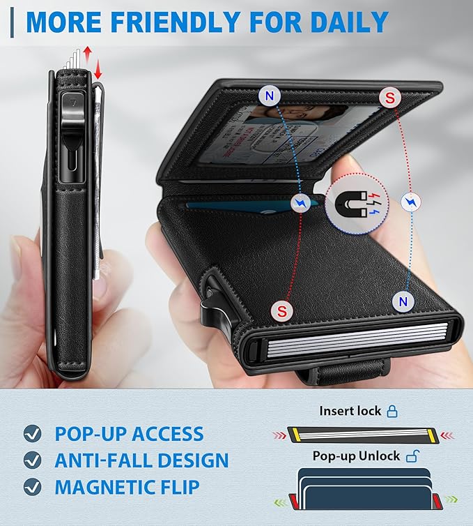 Airtag Wallet for Men,with Money Clip Gift Boxed,Slim Front Pocket Wallet RFID Blocking Metal Case Smart Pop-up Credit Card Holder in Magnetic Leather Flip