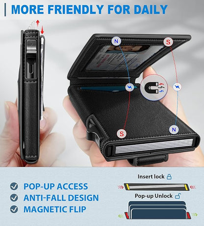 Airtag Wallet for Men,with Money Clip Gift Boxed,Slim Front Pocket Wallet RFID Blocking Metal Case Smart Pop-up Credit Card Holder in Magnetic Leather Flip