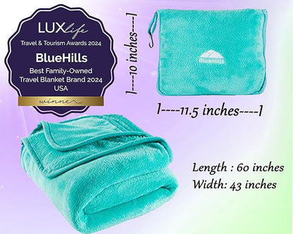 BlueHills Premium Soft Travel Blanket Pillow Airplane Blanket Packed in Soft Bag Pillowcase with Hand Luggage Belt and Backpack Clip, Compact Pack Large Warm for Any Travel (Teal Green T006)