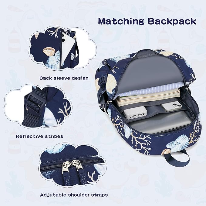 Somago 4 Piece Kid's Luggage with Backpack Set for Boys Girls Spinner 18" Hardside PC Rolling Carry on Suitcase with TSA Lock (Seashell Navy)