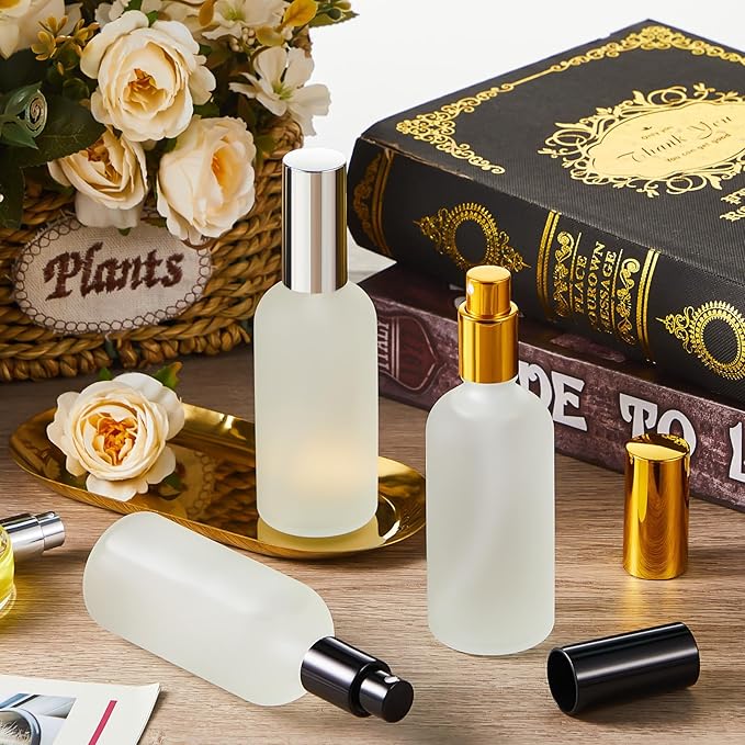 Roshtia 30 Pcs 3.4 oz/ 100 ml Black, Gold, Silver Glass Spray Bottle Refillable Perfume Atomizer Clear Decorative Empty Bottles with Fine Mist Sprayer Pump for Face Body Travel