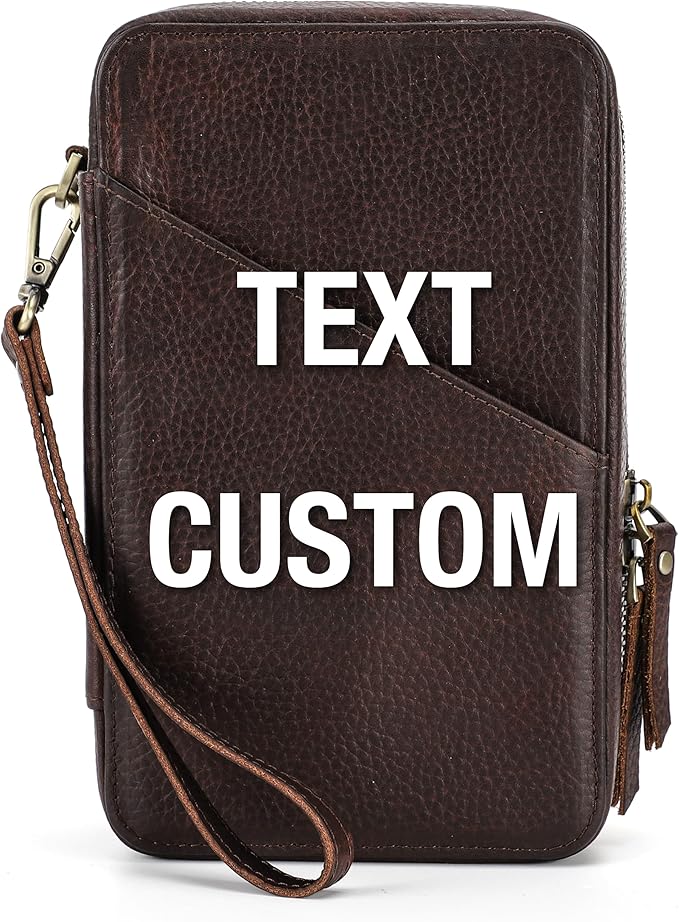 Top Grain Leather Text Custom Electronic Organizer Zipper Bag Tech Pouch, Handmade, Portable Compact Travel Storage Cases for Phone, USB Cables, Power Banks, Chargers, Hard Drive