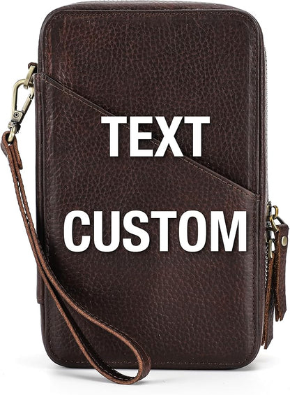 Top Grain Leather Text Custom Electronic Organizer Zipper Bag Tech Pouch, Handmade, Portable Compact Travel Storage Cases for Phone, USB Cables, Power Banks, Chargers, Hard Drive