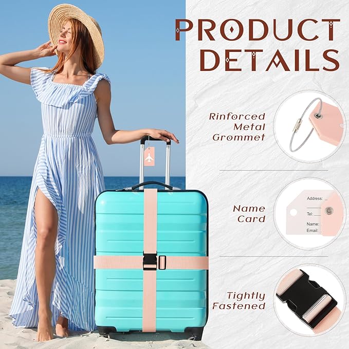 Weewooday 8 Pcs Luggage Straps Suitcase Tags Set for TSA Approved, 4 Travel Adjustable Suitcase Belt, 4 Silicone Luggage Tags with Name ID Card Travel Accessories(Light Pink,Airplane)