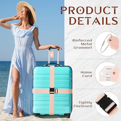 Weewooday 8 Pcs Luggage Straps Suitcase Tags Set for TSA Approved, 4 Travel Adjustable Suitcase Belt, 4 Silicone Luggage Tags with Name ID Card Travel Accessories(Light Pink,Airplane)