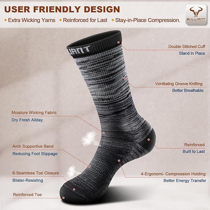 BULLIANT Compression Socks for Men 6Pairs, Athletic Crew Socks Cushioned For Men Sports Running-Arch Support