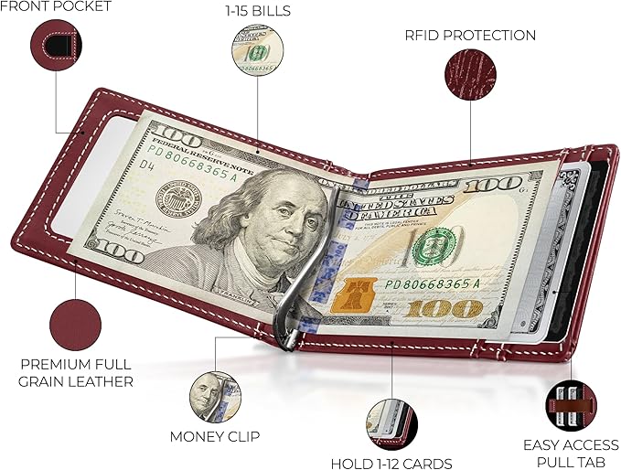Kingly Cash Clip Slim Leather Wallet for Men with RFID Blocking & Money Clip - Minimalist Front Pocket Bifold Wallet Holds 12 Cards - Secure Card Holder with Easy Access Pull Tab