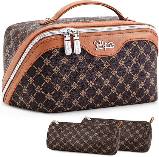 BOYATU Travel Makeup Bag Cosmetic Bags for Women: 3 Pcs Set Large Portable Make up Bag with Handle - Vegan Leather Toiletry Bags with Compartments - Makeup Organizer for Travel Essentials(A-1-Coffee)