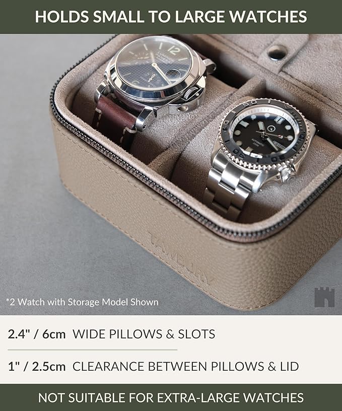 TAWBURY Watch Case - 3 Slot Portable Watch Storage Box for Home & Travel with Extra Wide Pillows for Large Watches and Compartment for Accessory Storage (Taupe)