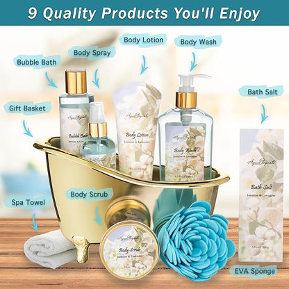 Spa Gift Baskets For Women - Luxury Bath Set With Jasmine & Lavender - Spa Kit Includes Body Wash, Bubble Bath, Lotion, Bath Salts, Body Scrub, Body Spray, Shower Puff, and Towel