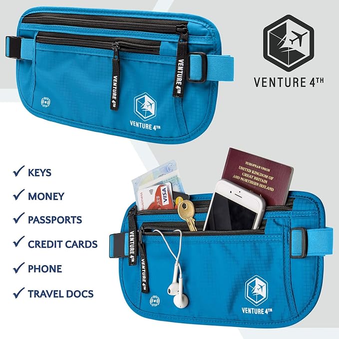 VENTURE 4TH Travel Money Belt - Slim Passport Holder RFID Blocking Travel Pouch to Protect Cash, Credit Cards and Travel Documents (Blue)