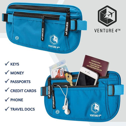 VENTURE 4TH Travel Money Belt - Slim Passport Holder RFID Blocking Travel Pouch to Protect Cash, Credit Cards and Travel Documents (Blue)