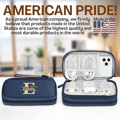 Personalized Electronics Organizer Travel Case Navy – Custom Name Compact Cable Storage Bag for Chargers, Cords, USB Flash Drives, Waterproof Tech Pouch for Travel, Business, Daily Organizer - Navy